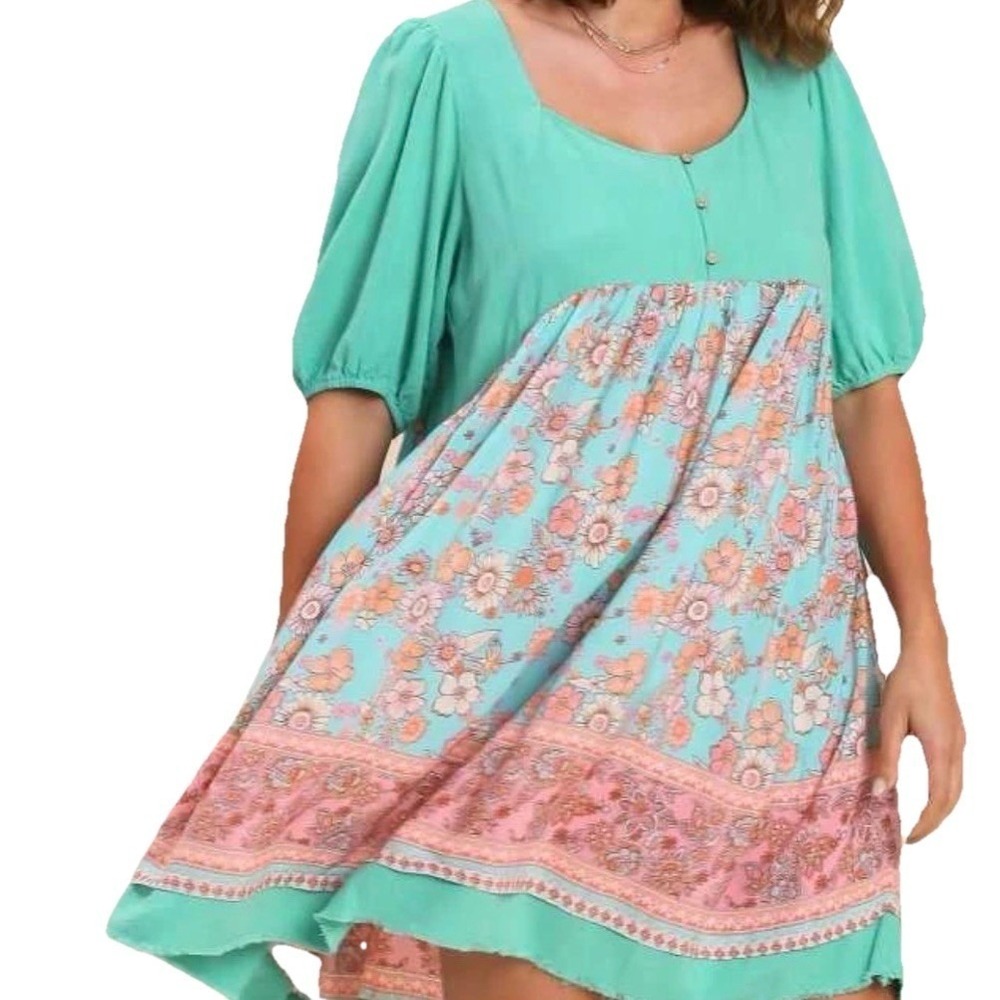 Umgee Cotton Linen Boho Short Sleeve Floral Dress Raw Hem Size Small S NWT